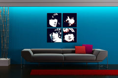 Umělecké dílo s portréty The Beatles visící v moderním interiéru nad dřevěnou konzolí s vázou a svíčkou, Papilora.