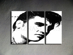 Ručně malovaný obraz na plátně zobrazuje černobílý portrét muže s výraznými vlasy, rozdělený do tří dílů, s viditelným dřevěným rámem Papilora.