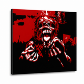Ručně malovaný POP Art obraz Iron Maiden 1 kus – 3D vizualizace ručně malovaného plátna na bílém pozadí. Dominantní barvy: červená, černá, bílá.