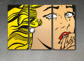 Ručně malovaný obraz na plátně s motivem LICHTENSTEIN, vlasy v žluto-černých odstínech, melancholická atmosféra, popkultura | Ručně malovaný POP Art obraz LICHTENSTEIN – produkt