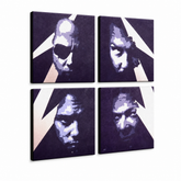 Ručně malovaný POP Art obraz METALLICA, 4 kusy kovu – 3D vizualizace ručně malovaného plátna na bílém pozadí. Dominantní barvy: fialová, modrá, černá, béžová, bílá.