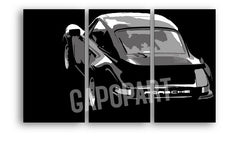 Detailní pohled na umělecké dílo zachycující zadní část sportovního vozu Porsche v černobílých tónech, s viditelnou texturou a kompozicí Papilora.