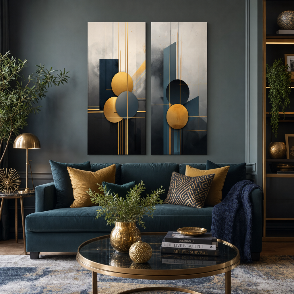 Set 2 art deco obrazů Art Deco Elegance nad sedačkou v obývacím pokoji – Svět v pohybu a Životní cesta. Prémiová kvalita Papilora.