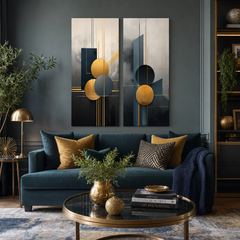 Set 2 art deco obrazů Art Deco Elegance nad sedačkou v obývacím pokoji – Svět v pohybu a Životní cesta. Prémiová kvalita Papilora.