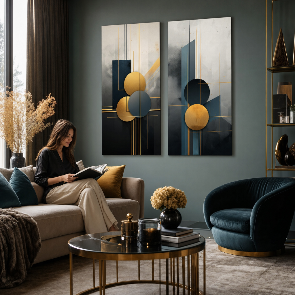 Dvoudílný set obrazů Art Deco Elegance nad komodou v jídelně – Svět v pohybu a Životní cesta. Elegantní nástěnná dekorace.