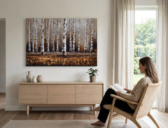 Obraz březového háje v moderním interiéru nad dřevěnou konzolí s vázou a svíčkou Papilora.