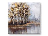 Ručně malovaný obraz na plátně s motivem stromy u jezera v hnědých odstínech – 3D vizualizace canvasu s viditelným dřevěným podrámkem, Papilora.