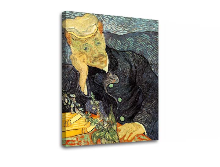 Vintage obraz na plátně s motivem Vincent van Gogh - Portrét dr. Gacheta, květy, příroda v modro-zelených odstínech, kontemplativní atmosféra, vhodný do pracovny – produkt
