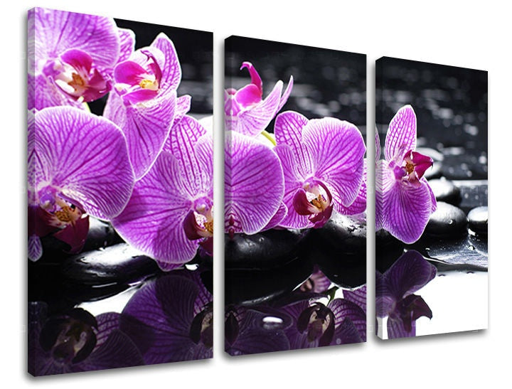 Třídílný obraz s fialovými orchidejemi na černých kamenech s odlesky vody, viditelný dřevěný rám, Papilora.