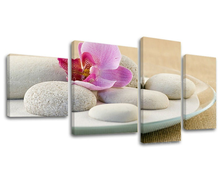 Klasický obraz na plátně s motivem FENG SHUI v bílo-béžových odstínech, klidná atmosféra, příroda a minimalismus, vícedílné provedení, vhodný do obývacího pokoje – hlavní