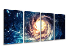 Čtyřdílný obraz na plátně zobrazuje fascinující spirální galaxii s jasným středem a temně modrým vesmírem plným hvězd, Papilora.