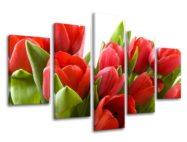 Detailní záběr na sytě červené tulipány s jasně zelenými listy na bílém pozadí, rozdělený do pěti dílů na plátně s viditelným dřevěným rámem Papilora.