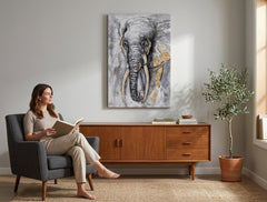 Ve skandinávském stylu obraz na plátně s motivem slon, mapa, příroda v bílo-béžových odstínech zavěšený v interiéru obývacího pokoje, příroda | Malovaný obraz na stěnu SLON – interiér