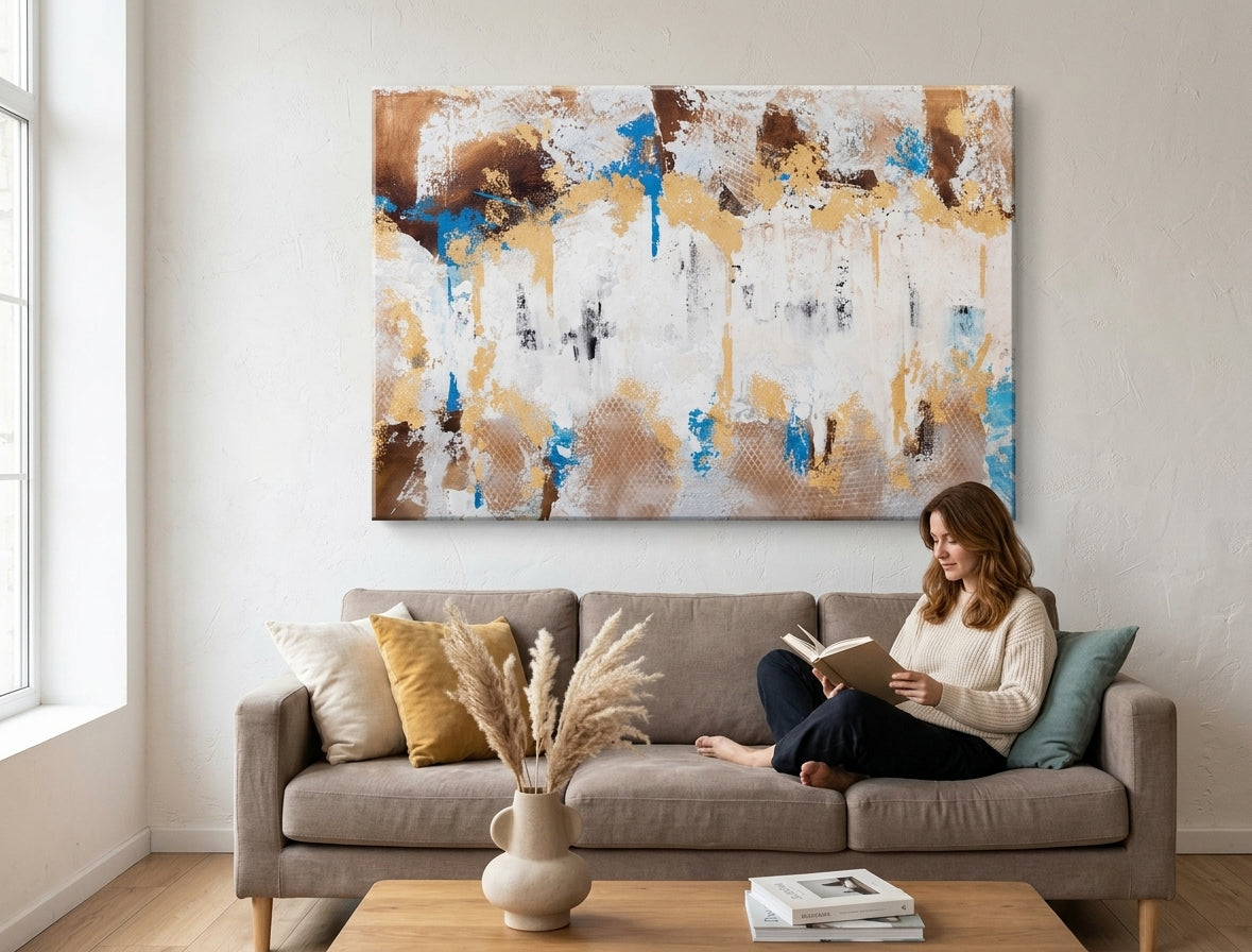 Ručně malovaný obraz na plátně s motivem náboženský motiv v bílo-hnědých odstínech zavěšený v interiéru kanceláře, sofistikovaná atmosféra – interiér