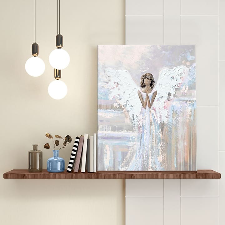 Klasický obraz na plátně s motivem Láskavý pohled, anděl, náboženský motiv v bílo-béžových odstínech, klidná atmosféra, vhodný do ložnice | Anjelské obrazy na plátně Láskavý pohled – produkt