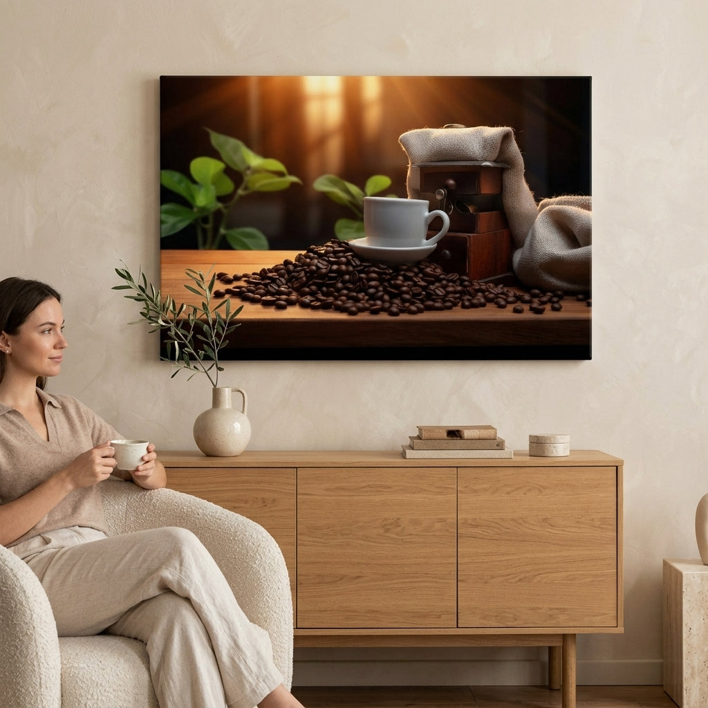 Moderní obraz na plátně s motivem Elegance Espressa, šálek kávy, mapa, příroda v bílo-hnědých odstínech zavěšený v interiéru kuchyně | Kávové obrazy do kuchyně Elegance Espressa – interiér