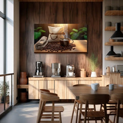 Rustikální obraz na plátně s motivem Čas na Ticho, šálek kávy, mapa v béžovo-hnědých odstínech, útulná atmosféra, vhodný do kuchyně | Kávové obrazy do kuchyně Čas na Ticho – produkt