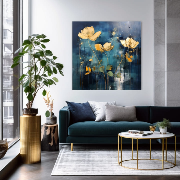 Nadčasová elegance na plátně Zlatá krajina v modrých tónech