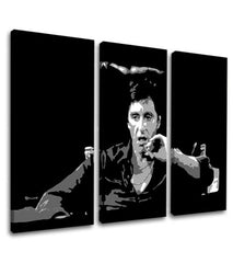 Pop art obraz na plátně s motivem Tony Montana přemýšlí nad svojim plánom, doutník v bílo-černých odstínech, drzá atmosféra, filmový svět a nostalgie – produkt