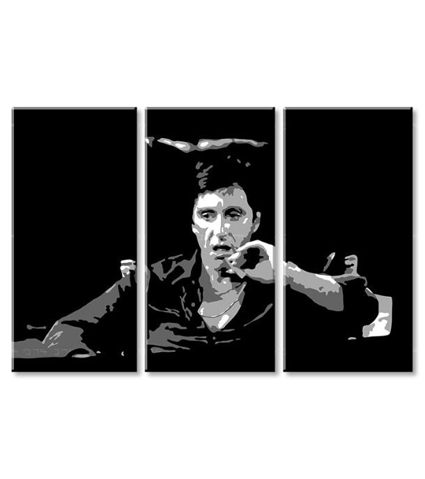 Pop art obraz na plátně s motivem Tony Montana přemýšlí nad svojim plánom, doutník v bílo-černých odstínech, drzá atmosféra, filmový svět a nostalgie – produkt, pohled 2