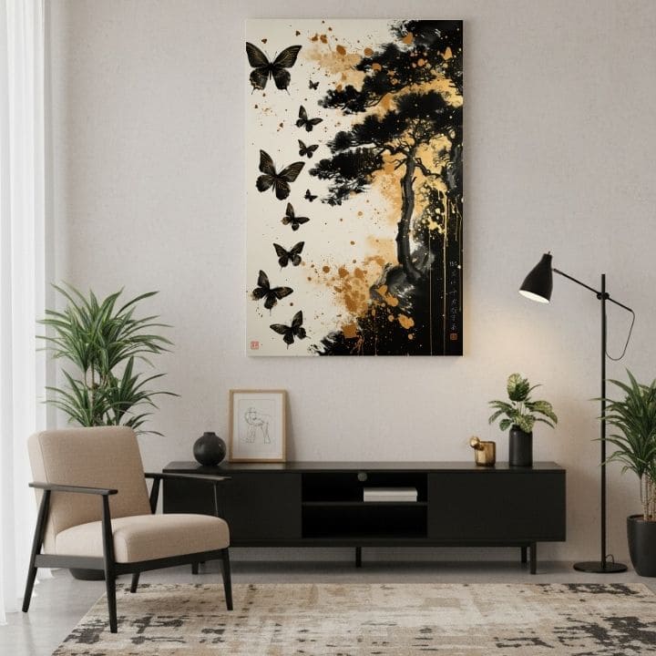 Obraz na plátně Motýlí harmonie - černo-zlatý design