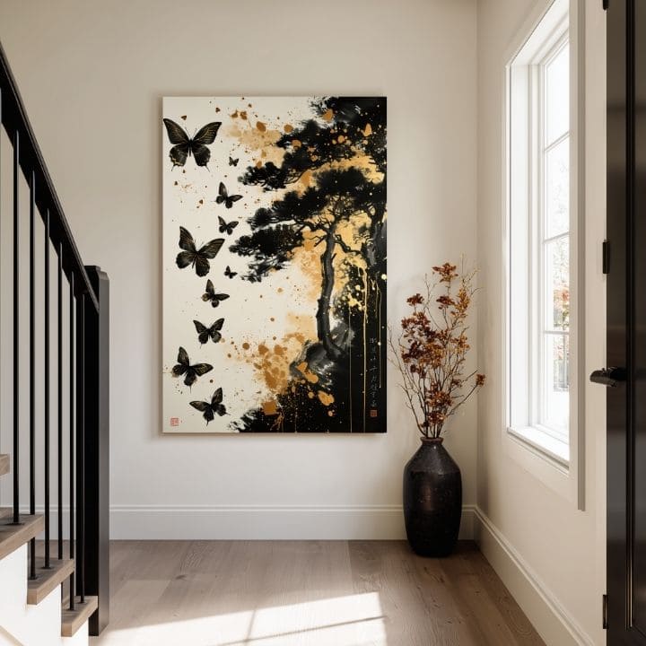 Obraz na plátně Motýlí harmonie - černo-zlatý design