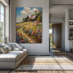 Obraz na plátně Chata v poli květin | Akrylové detaily