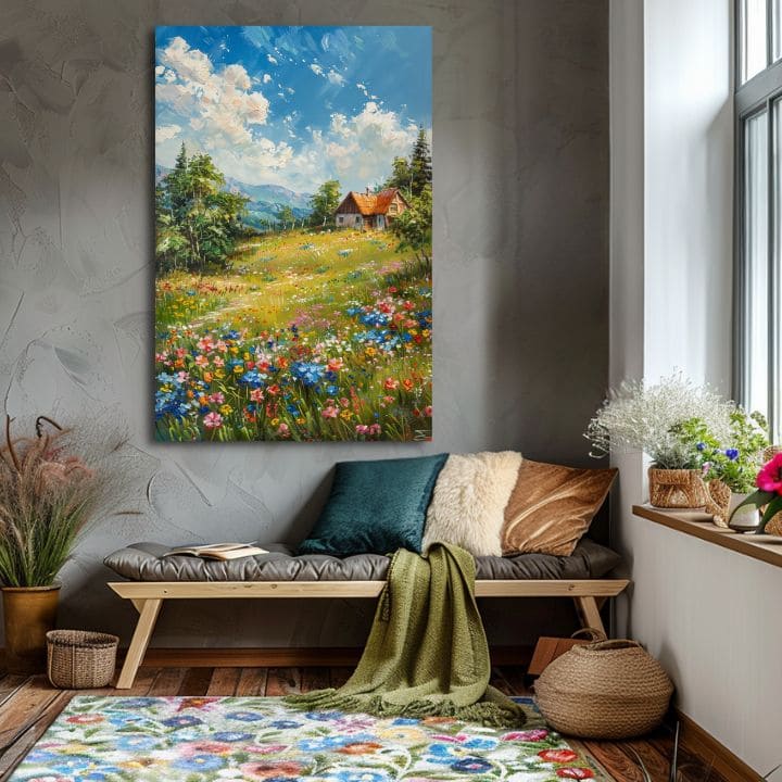 Krajinomalba na plátně Chalupa na horách | Akrylové detaily