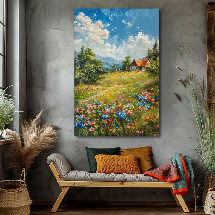 Krajinomalba na plátně Chalupa na horách | Akrylové detaily