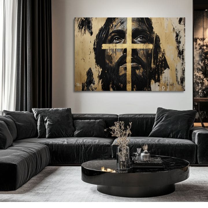 Ježíš Spasitel se zlatým křížem | Malováno akrylem a plátkovým zlatem