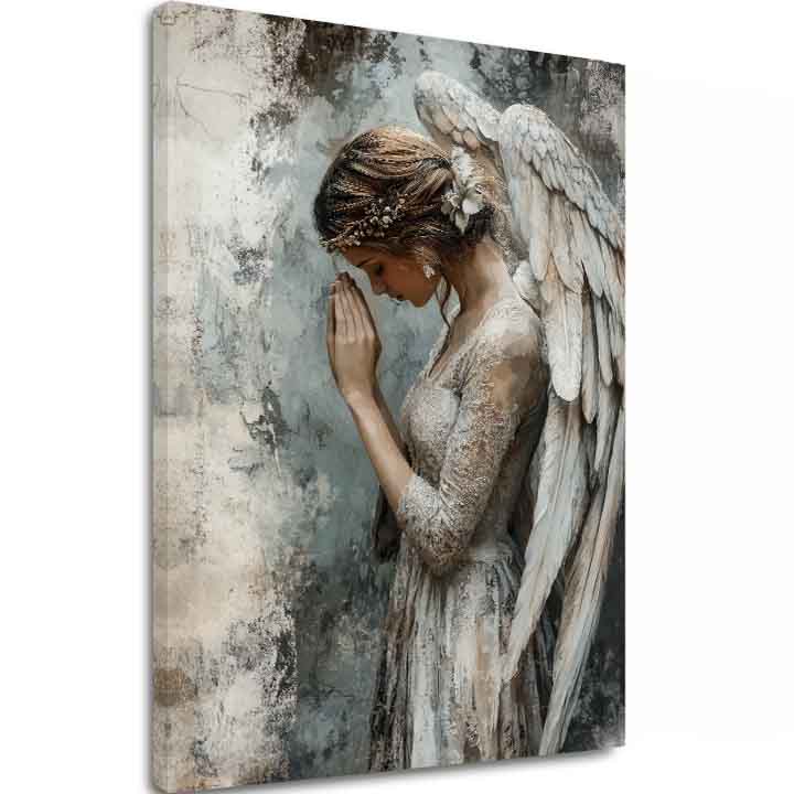 Ručně malovaný obraz na plátně s motivem y andělů Pokojná duša, anděl v béžovo-krémových odstínech, klidná atmosféra, duchovnost | Obrazy andělů Pokojná duša – hlavní