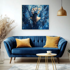 Ručně malovaný obraz na plátně s motivem y andělů Záhadná tvář, anděl, květy v modro-krémových odstínech, éterická atmosféra | Obrazy andělů Záhadná tvář – produkt, pohled 2