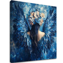 Ručně malovaný obraz na plátně s motivem y andělů Záhadná tvář, anděl, květy v modro-krémových odstínech, éterická atmosféra | Obrazy andělů Záhadná tvář – hlavní