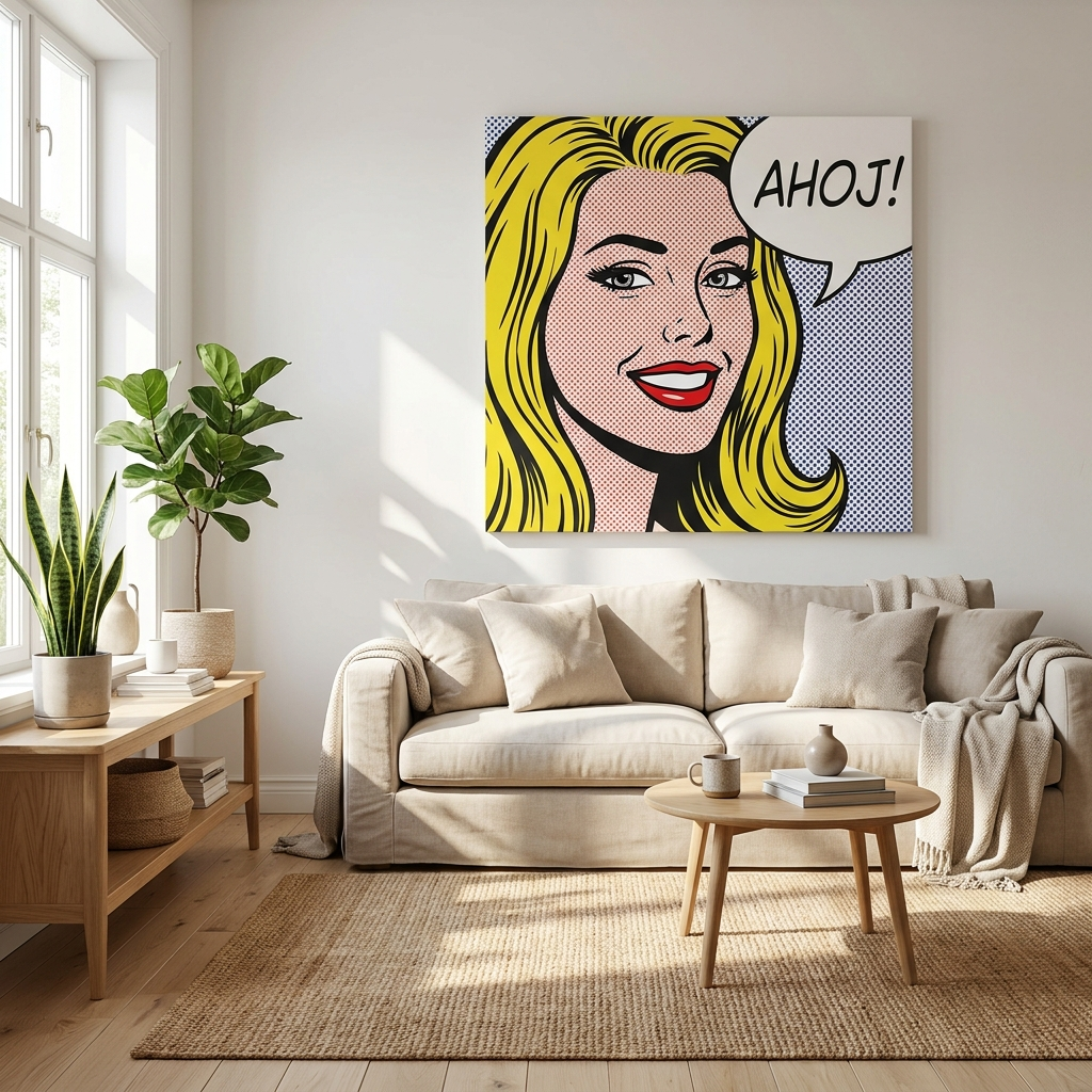 Pop-art obraz na plátně pověšený v obývacím pokoji nad pohovkou – personalizovaný dárek z fotky, Papilora