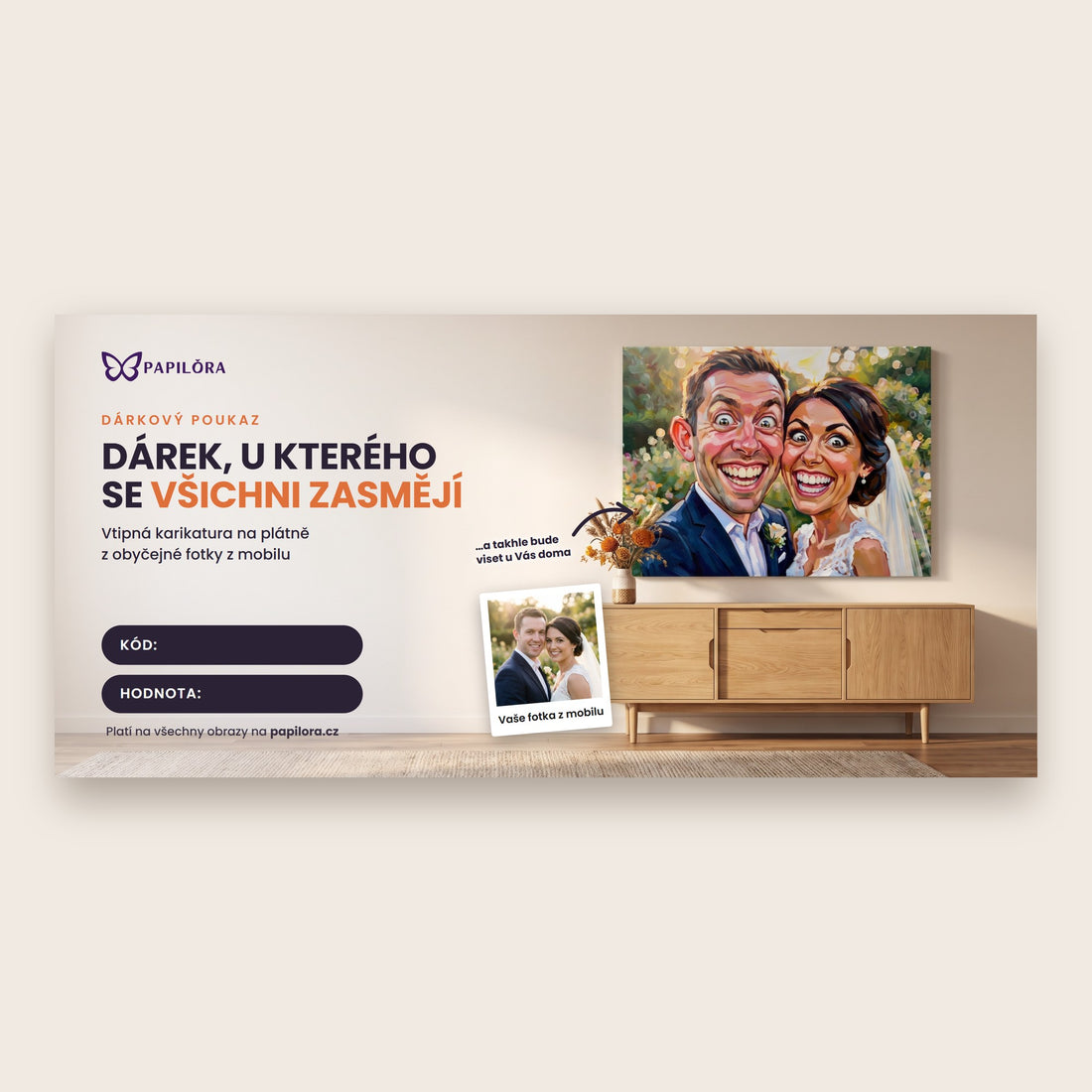 Elektronický dárkový poukaz na vtipnou karikaturu z fotky na plátně.