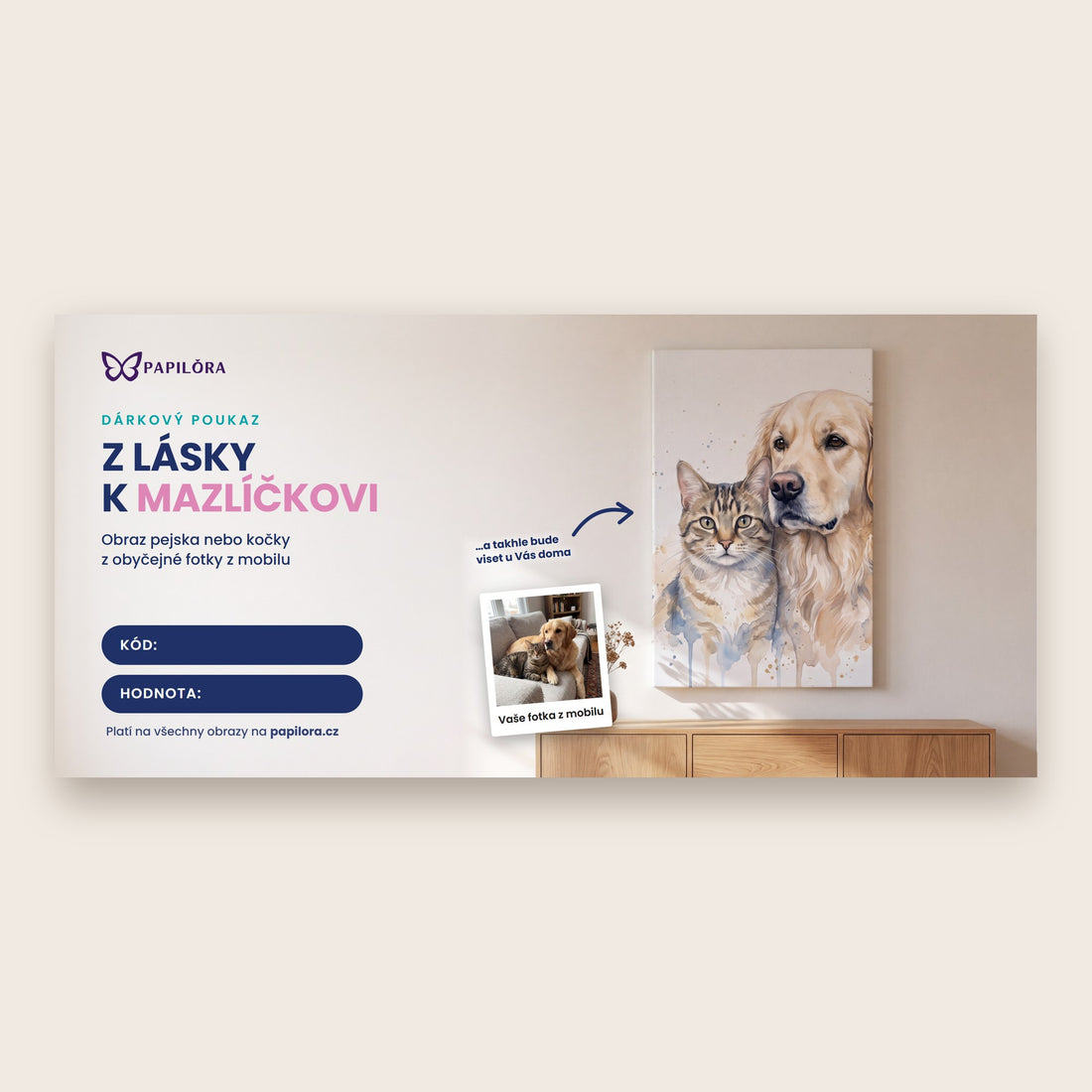 Elektronický dárkový poukaz na obraz psa nebo kočky z fotky od značky Papilora