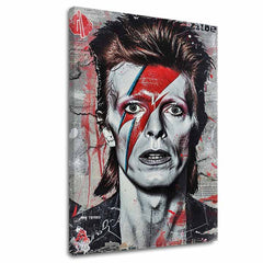 Umělecký tisk na plátně s portrétem Davida Bowieho s červeným a modrým bleskem přes obličej, viditelný dřevěný rám, Papilora.