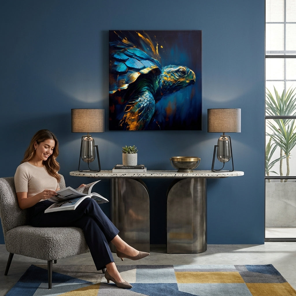 Pop art obraz na plátně s motivem PREMIUM ART - Green Turtle Odyssey, oceán, krajina, příroda v modro-zlatých odstínech zavěšený v interiéru obývacího pokoje – interiér