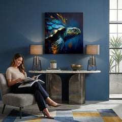 Pop art obraz na plátně s motivem PREMIUM ART - Green Turtle Odyssey, oceán, krajina, příroda v modro-zlatých odstínech zavěšený v interiéru obývacího pokoje – interiér