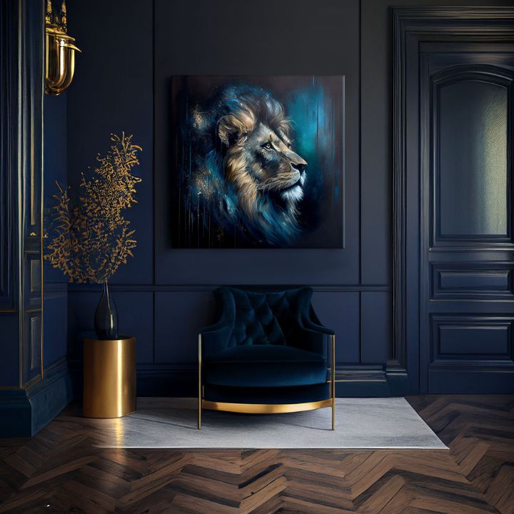 Art deco obraz na plátně s motivem PREMIUM ART - Lion's Strength and Grace, lev v modro-oranžových odstínech, majestátní atmosféra, vhodný do kanceláře – produkt, pohled 2