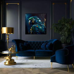 Pop art obraz na plátně s motivem PREMIUM ART - Rainbow Feathers in Flight, pták v modro-zelených odstínech, dramatická atmosféra, vhodný do pracovny – produkt, pohled 3