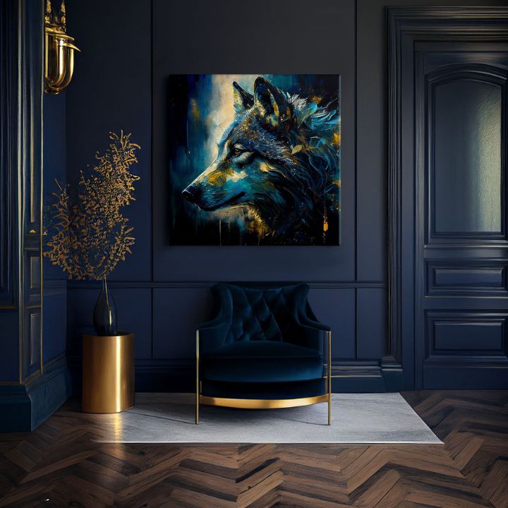 Art deco obraz na plátně s motivem PREMIUM ART - Wilderness in Wolf Eyes, vlk v modro-zlatých odstínech, intenzivní atmosféra, vhodný do pracovny – produkt, pohled 2