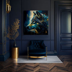 Art deco obraz na plátně s motivem PREMIUM ART - Wilderness in Wolf Eyes, vlk v modro-zlatých odstínech, intenzivní atmosféra, vhodný do pracovny – produkt, pohled 2