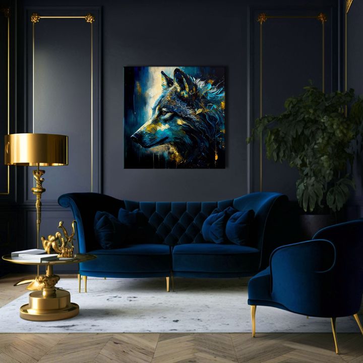 Art deco obraz na plátně s motivem PREMIUM ART - Wilderness in Wolf Eyes, vlk v modro-zlatých odstínech, intenzivní atmosféra, vhodný do pracovny – produkt, pohled 3