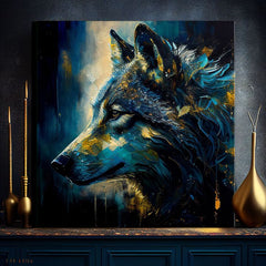 Art deco obraz na plátně s motivem PREMIUM ART - Wilderness in Wolf Eyes, vlk v modro-zlatých odstínech, intenzivní atmosféra, vhodný do pracovny – produkt