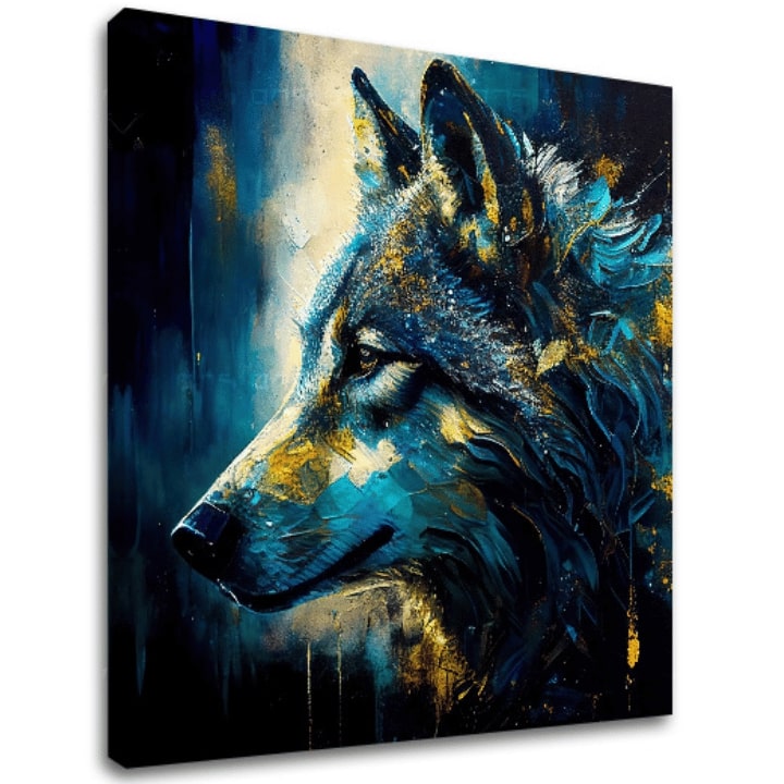 Art deco obraz na plátně s motivem PREMIUM ART - Wilderness in Wolf Eyes, vlk v modro-zlatých odstínech, intenzivní atmosféra, vhodný do pracovny – hlavní