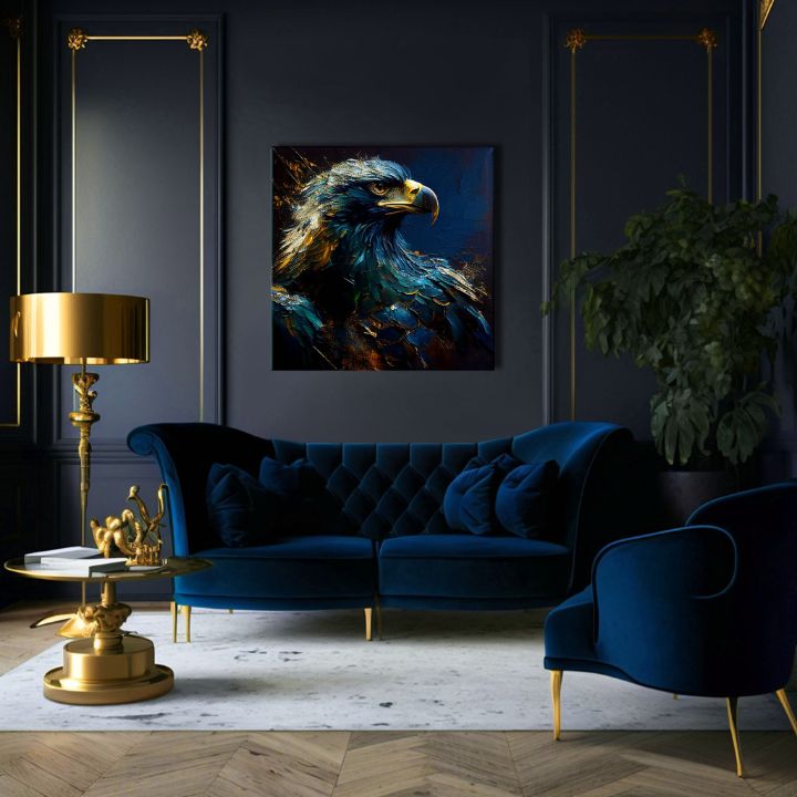 Art deco obraz na plátně s motivem PREMIUM ART - Wilderness's Fearless Hunter, orol v modro-zlatých odstínech, majestátní atmosféra, vhodný do kanceláře – produkt, pohled 2