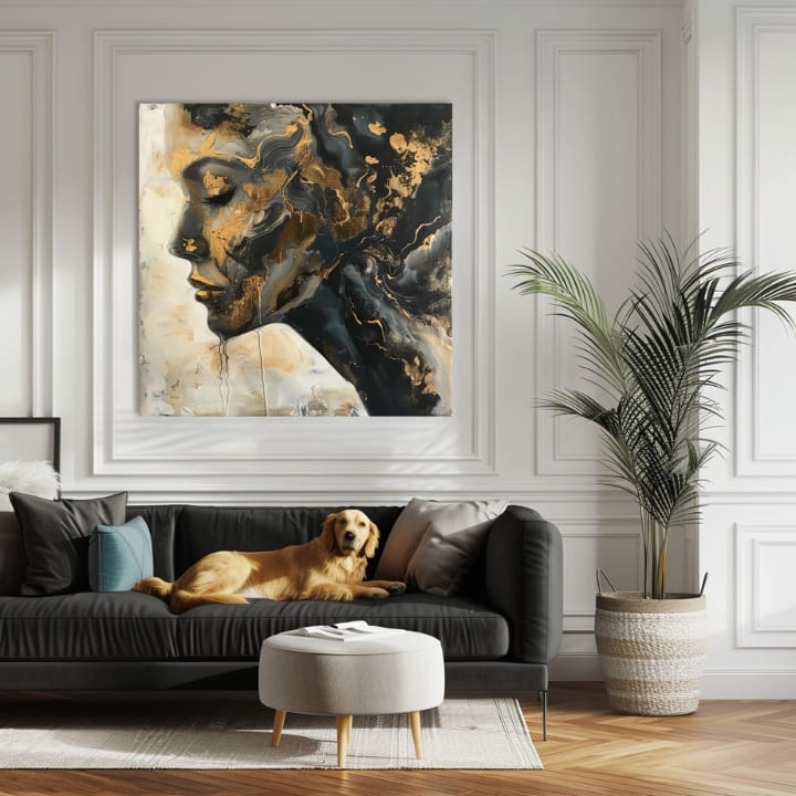 Industriální obraz na plátně s motivem žena, tvář, lidé v béžovo-šedých odstínech, elegantní atmosféra, luxusní dojem | Elegantní obraz ženy Meditácia – produkt