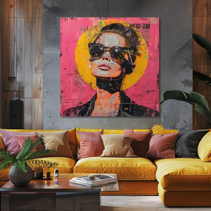 Pop art obraz na plátně s motivem žena, portrét, lidé v oranžovo-růžových odstínech, drzá atmosféra, městský život a popkultura, vhodný do kanceláře – produkt, pohled 2