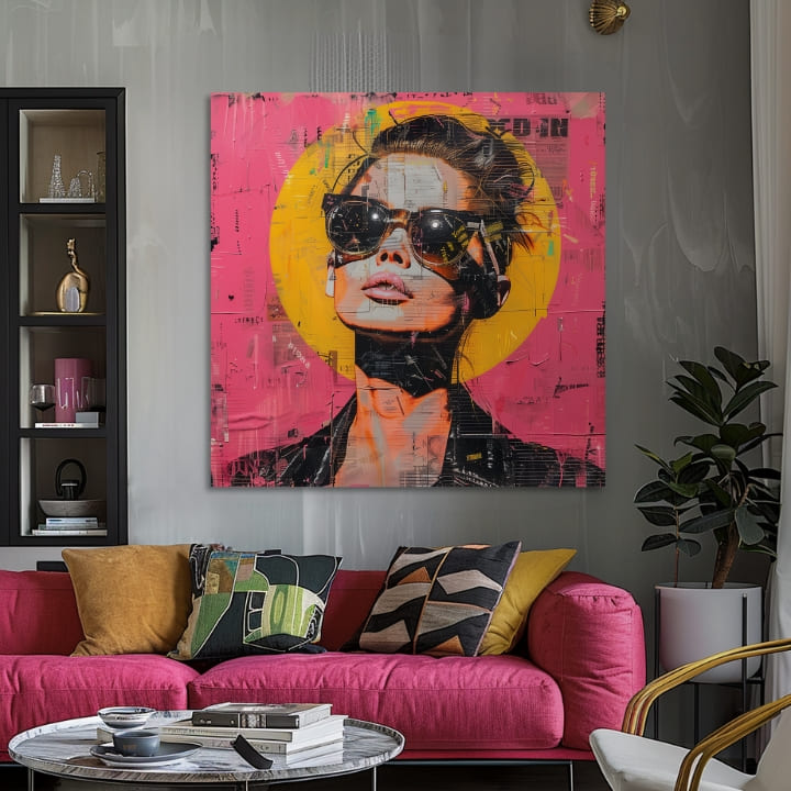 Pop art obraz na plátně s motivem žena, portrét, lidé v oranžovo-růžových odstínech, drzá atmosféra, městský život a popkultura, vhodný do kanceláře – produkt